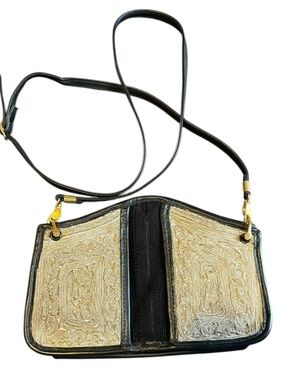 ALBANO Women Black Brocade Crossbody Bag Leather, VINTAGE